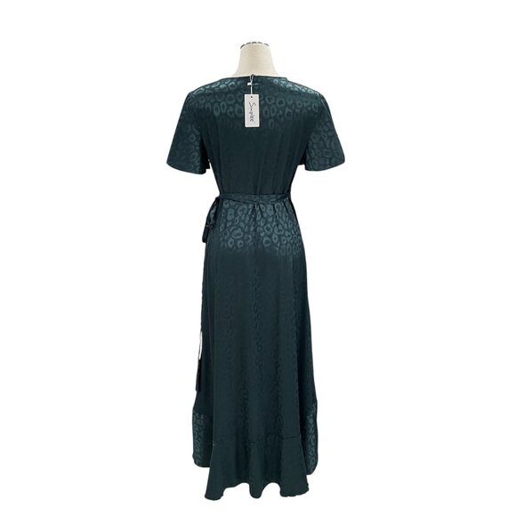 Simplee Green Satin Wrap Dress Medium Leopard Print Midi Tie Waist Elegant - Picture 5 of 14